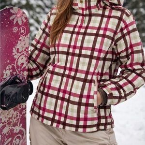 Girls Y2K Roxy Plaid Ski Jacket - Pink, Brown, Cream (size medium)
